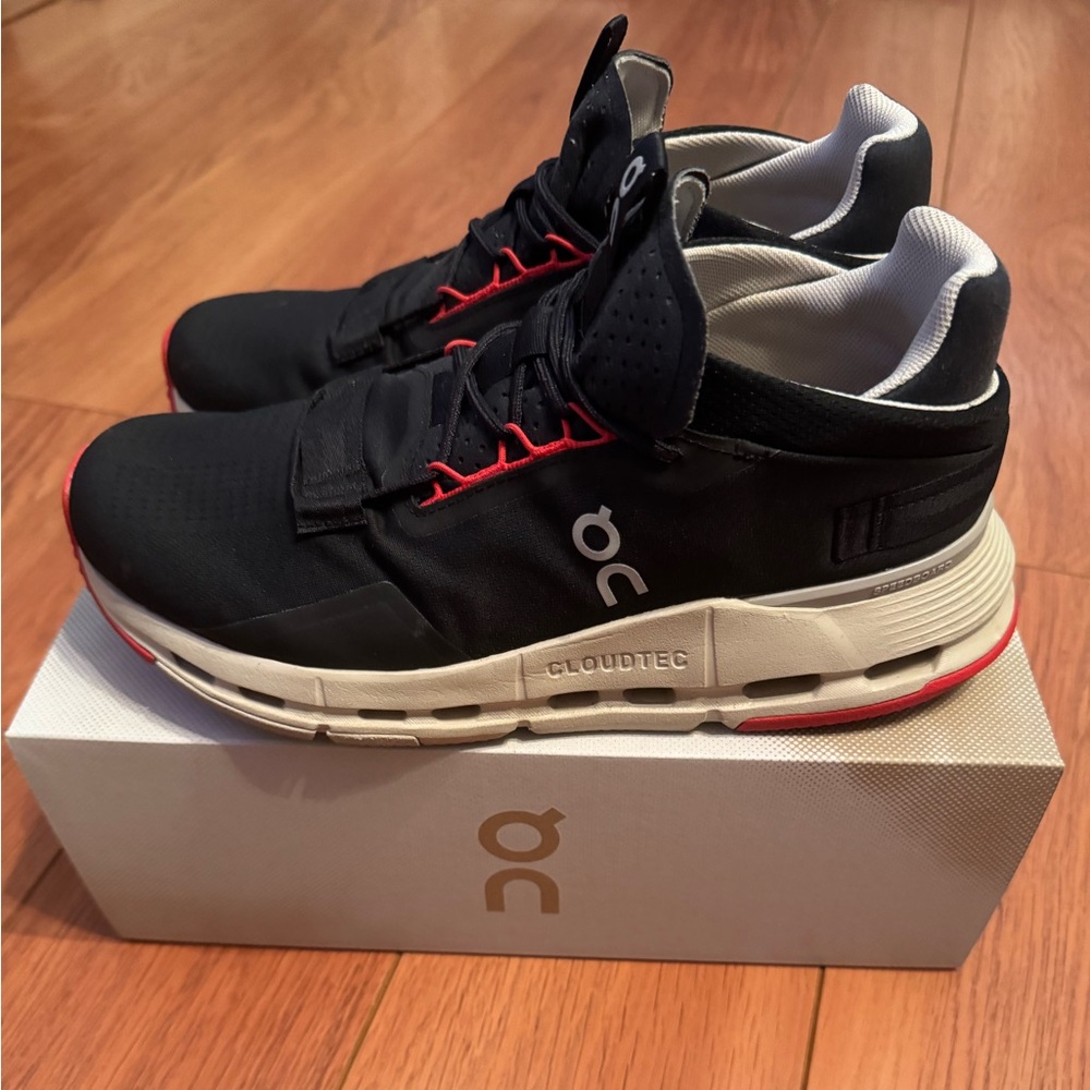 On Running Black and Red Athletic Shoes Cloudnova 2